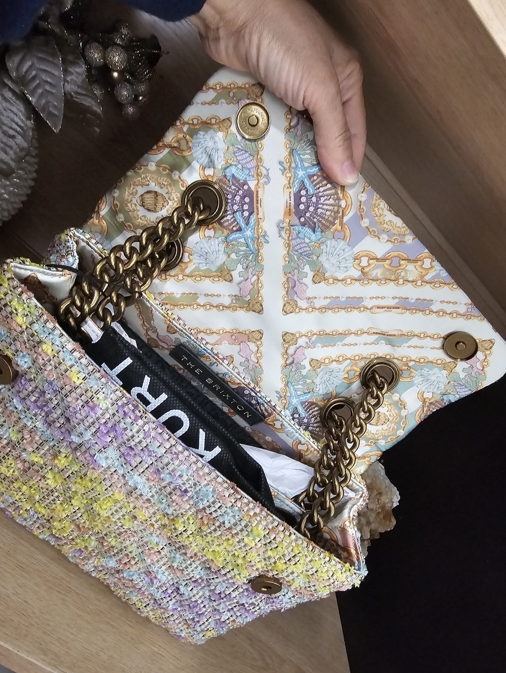 Kurt Geiger London Brixton Mixed Media Tweed Shoulder Bag with Gold Chain. - Picture 12 of 13
